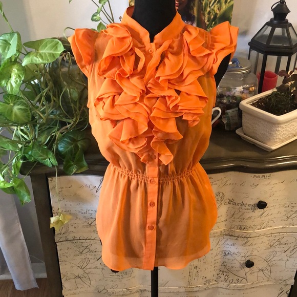 ROMEO & JULIET COUTURE SHEER ORANGE RUFFLED BLOUSE SIZE MEDIUM NEW WITH TAGS - Picture 6 of 12